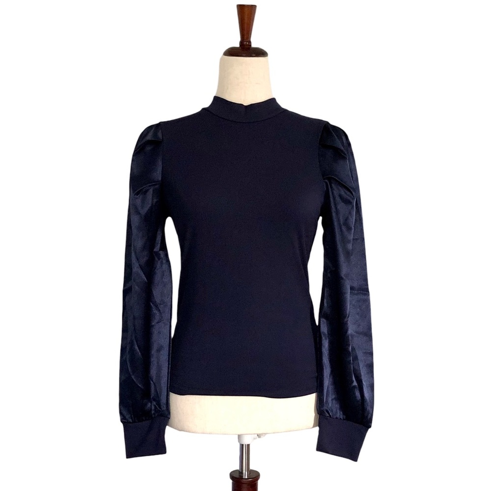 SHEIN Women’s High Neck Long Puff Sleeve Mixed Material Top, Navy Blue Size 6